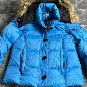 L.L. Bean Bright Blue Puffer Coat with Faux Fur Trim